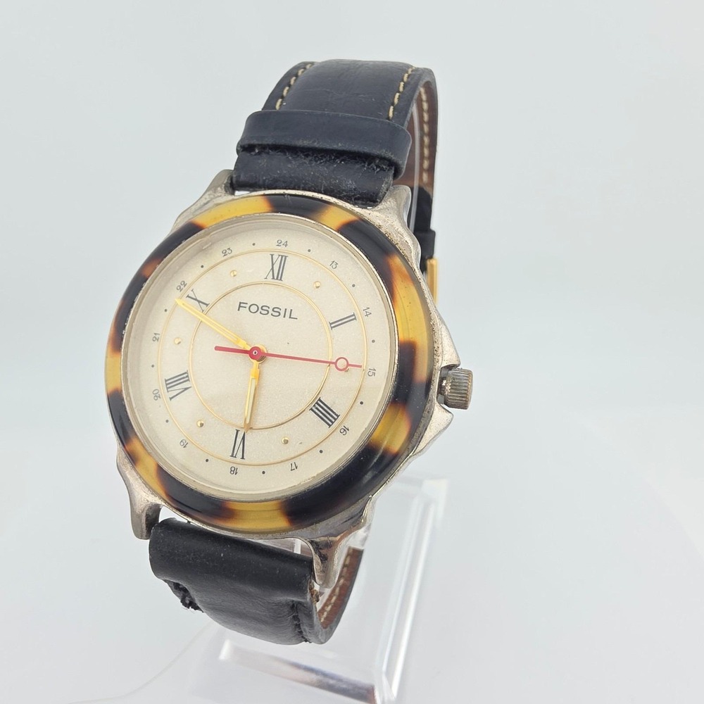 Vintage FOSSIL Watch EC-8683 Tortoiseshell Bezel Black Leather Band Unisex 8"